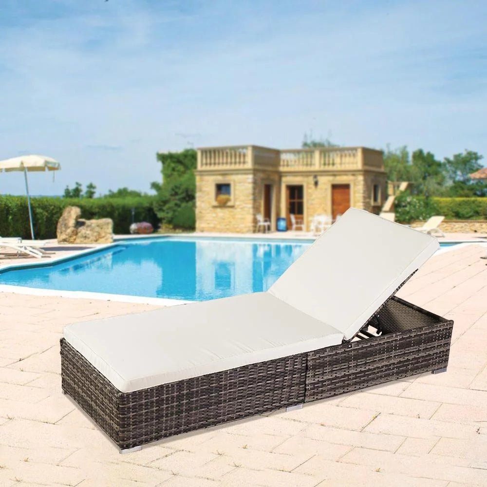 Adjustable Pool Chaise Lounge Chair PE Wicker with Cushion P473