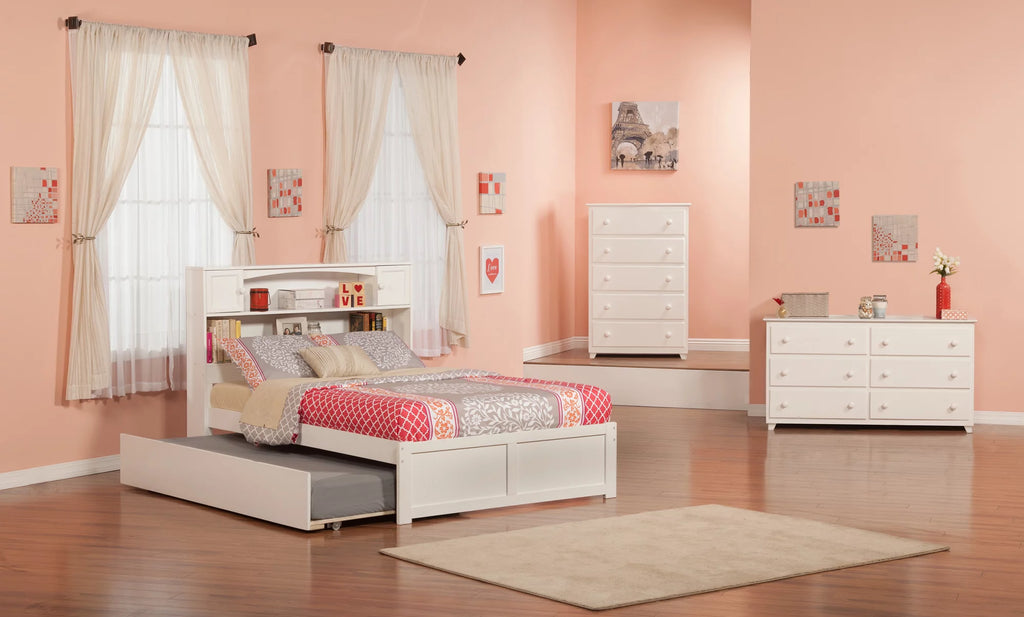 White Full Solid Wood Platform Bed with Footboard & Trundle T737