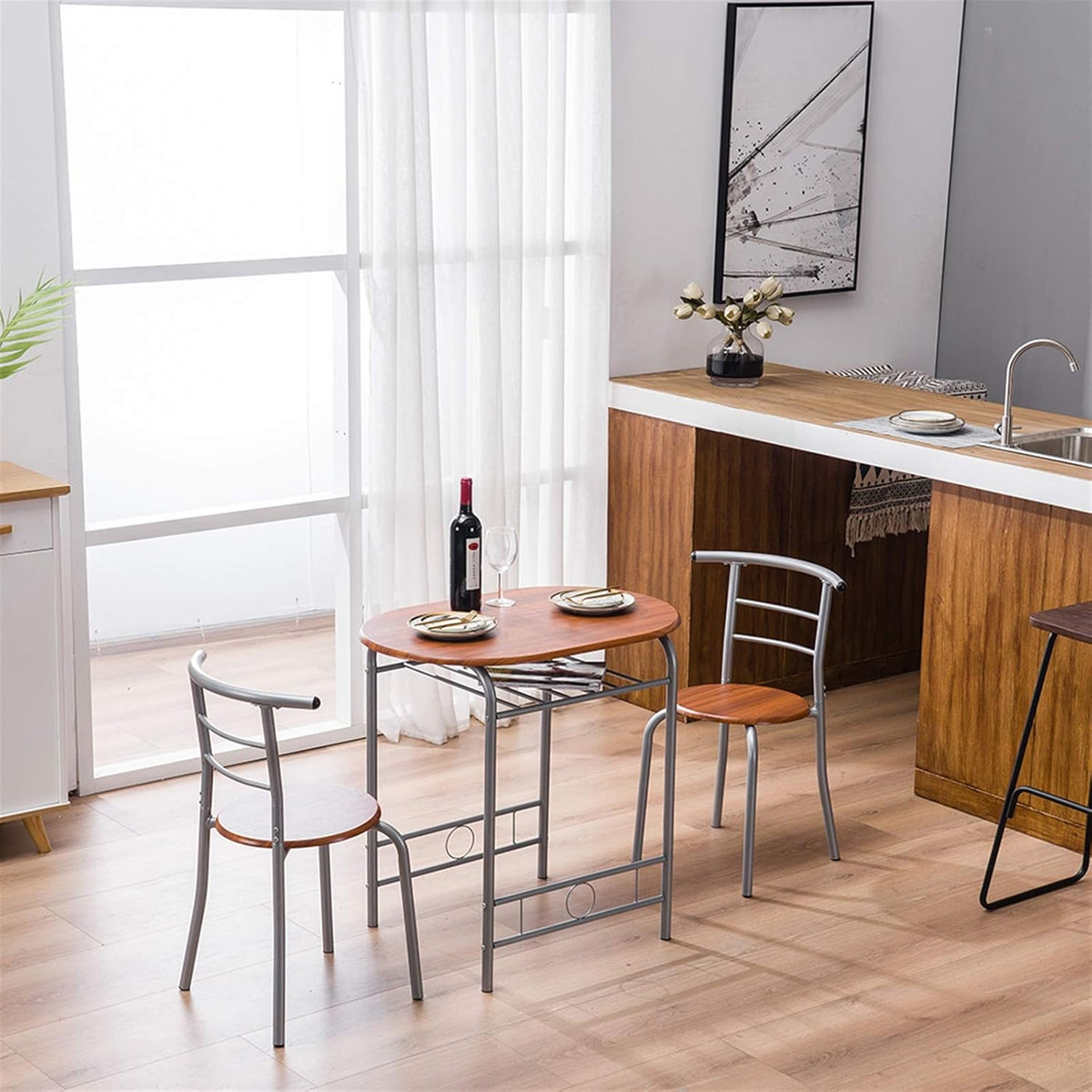 3-Piece Small Round Dining Table with Wine Storage Rack, Wood, Metal Frame, Brown G55672