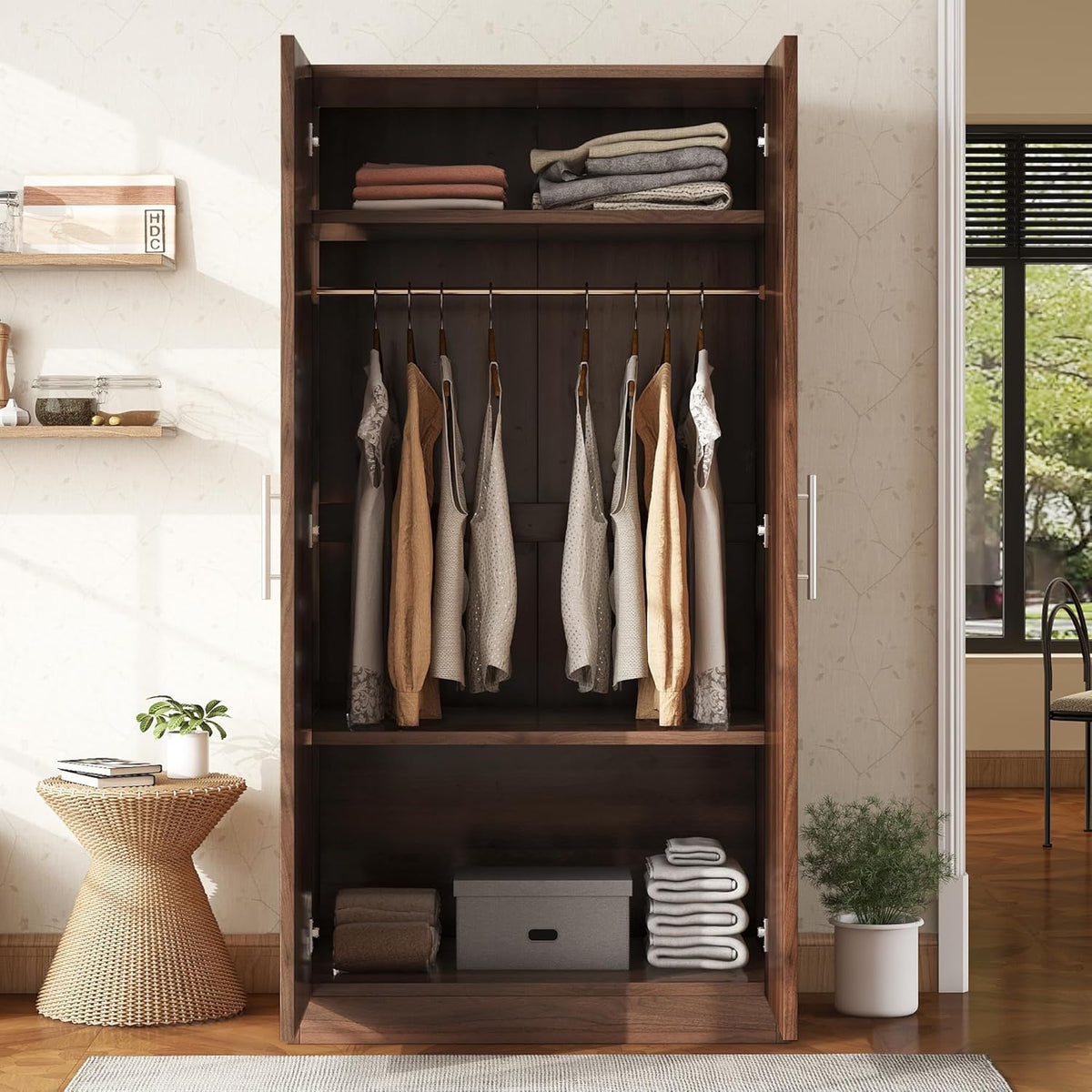 2-Door Wooden Wardrobe Armoire with 3 Storage Shelves H933