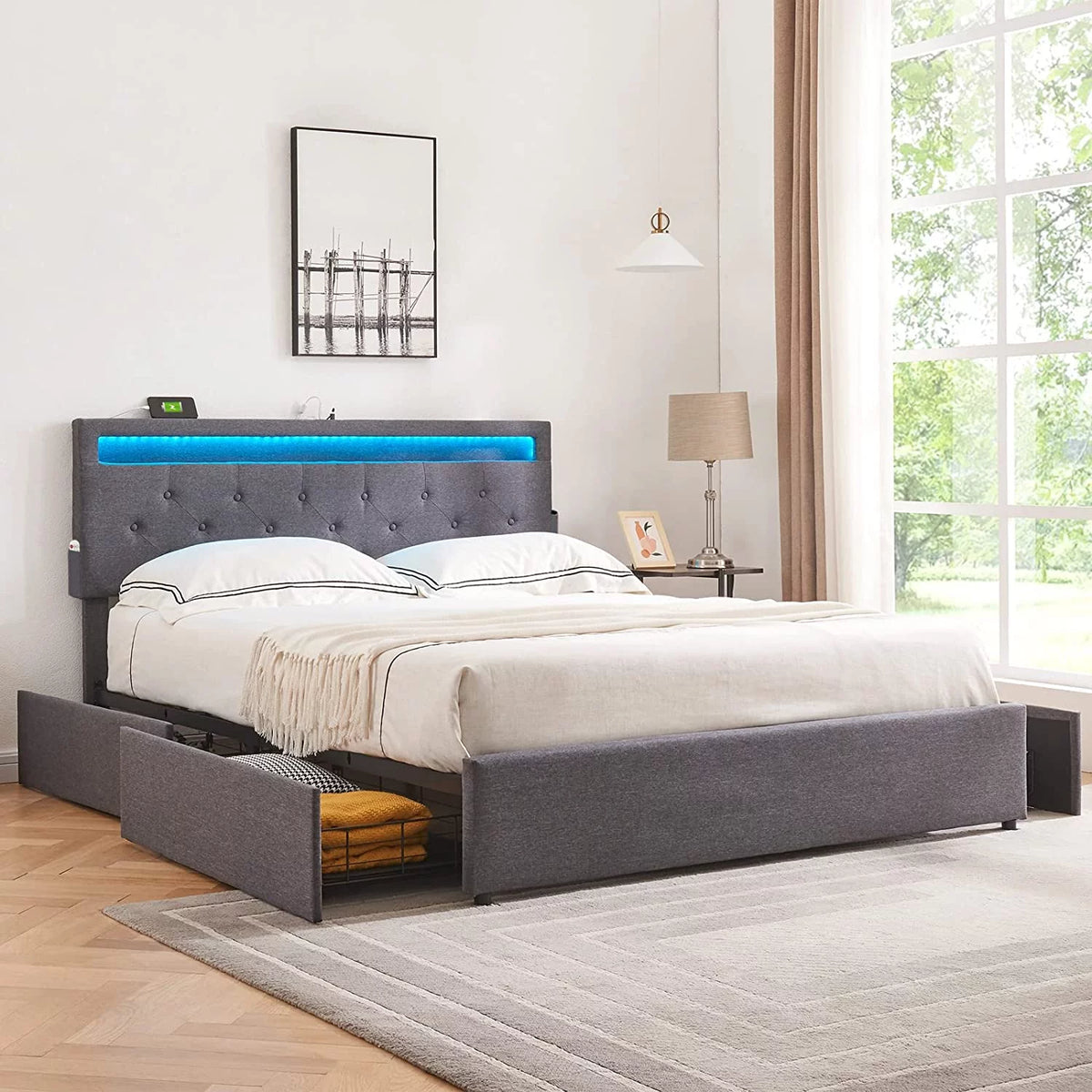 Full Size Bed Frame with 4 Drawers, LED, USB Ports, Adjustable Upholstered Headboard, Dark Grey F37973