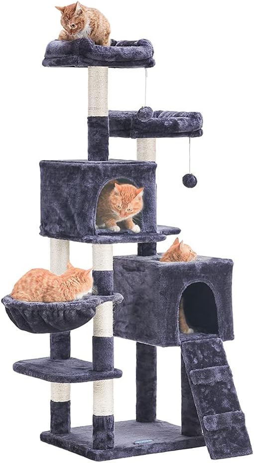 58'' Multi-Level Cat Tree Condo Furniture with Sisal-Covered Scratching Posts, 2 Plush Condos, Hammock (Light Gray) P8732