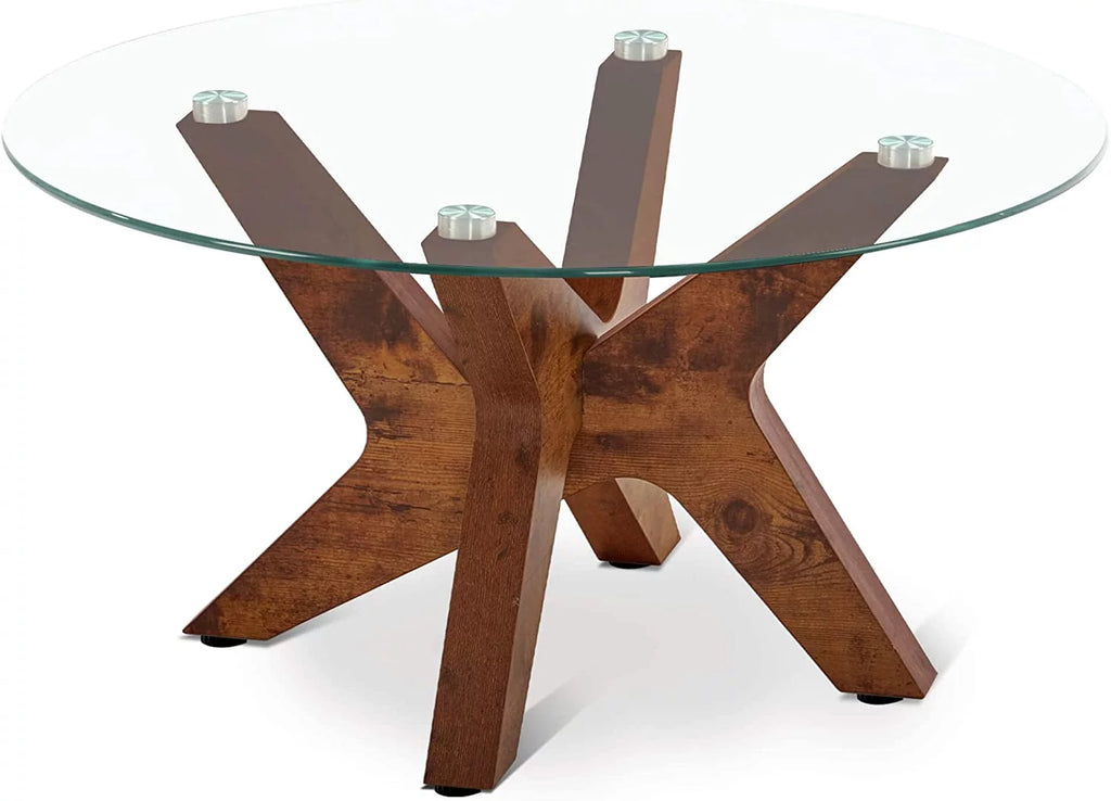 Round Glass Coffee Table with Wood Frame and Tempered Glass Top A510