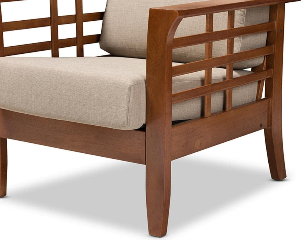 Cherry Finished Brown Wood and Dark Beige Fabric High Back 1-Seater Lounge Chair E901