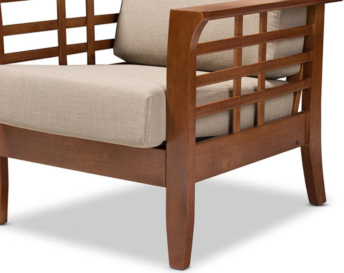 Cherry Finished Brown Wood and Dark Beige Fabric High Back 1-Seater Lounge Chair E901