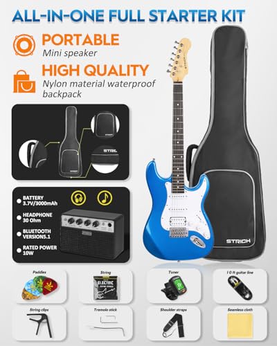 39" Full Size Electric Guitar HSS Pick Up with 10W Amp, Bag, Digital Tuner, Capo, Strap, String, Cable, Picks K40648