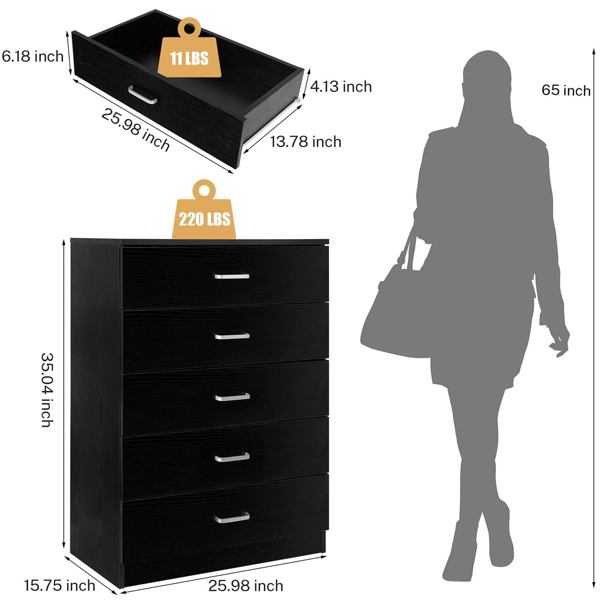 Black 5 Drawer Dresser V87286
