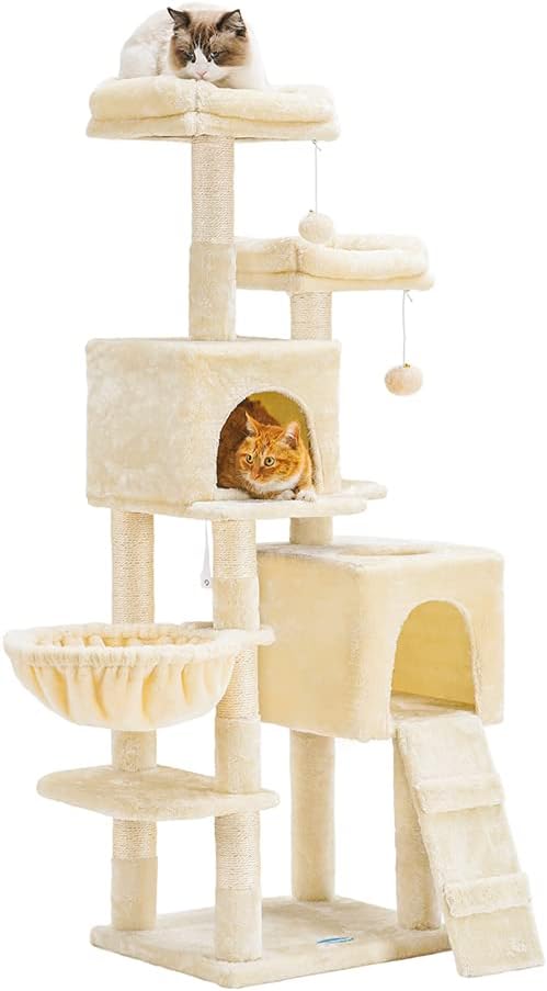 58'' Multi-Level Cat Tree Condo Furniture with Sisal-Covered Scratching Posts, 2 Plush Condos, Hammock (Light Gray) P8732