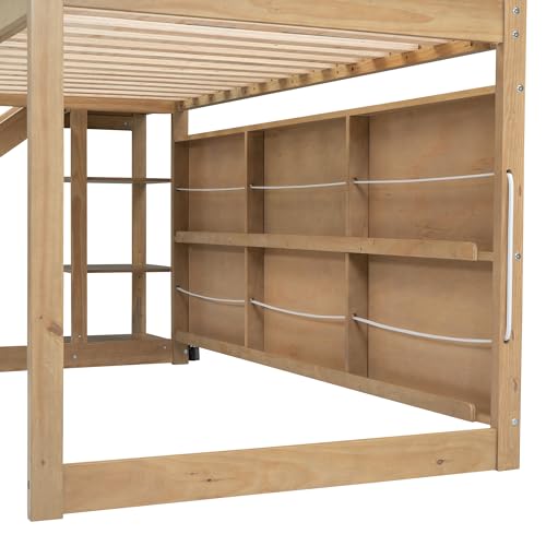 Twin Wood Loft Bed with Slide and Storage Shelves K311663