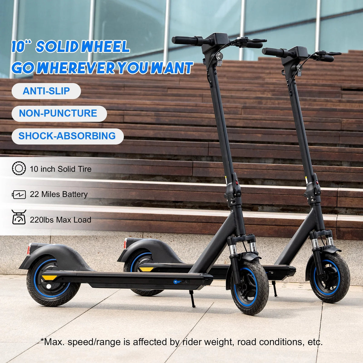 Electric Scooter with 10 Solid Tires, 500W Motor, 22 Miles Battery T420