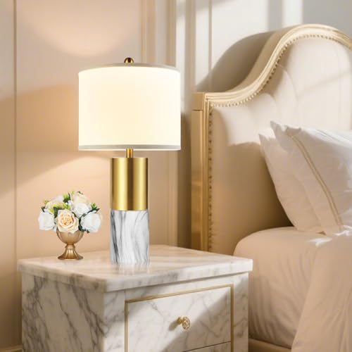 22" Faux Marble Table Lamps Set of 2 with Fabric Shades V8612