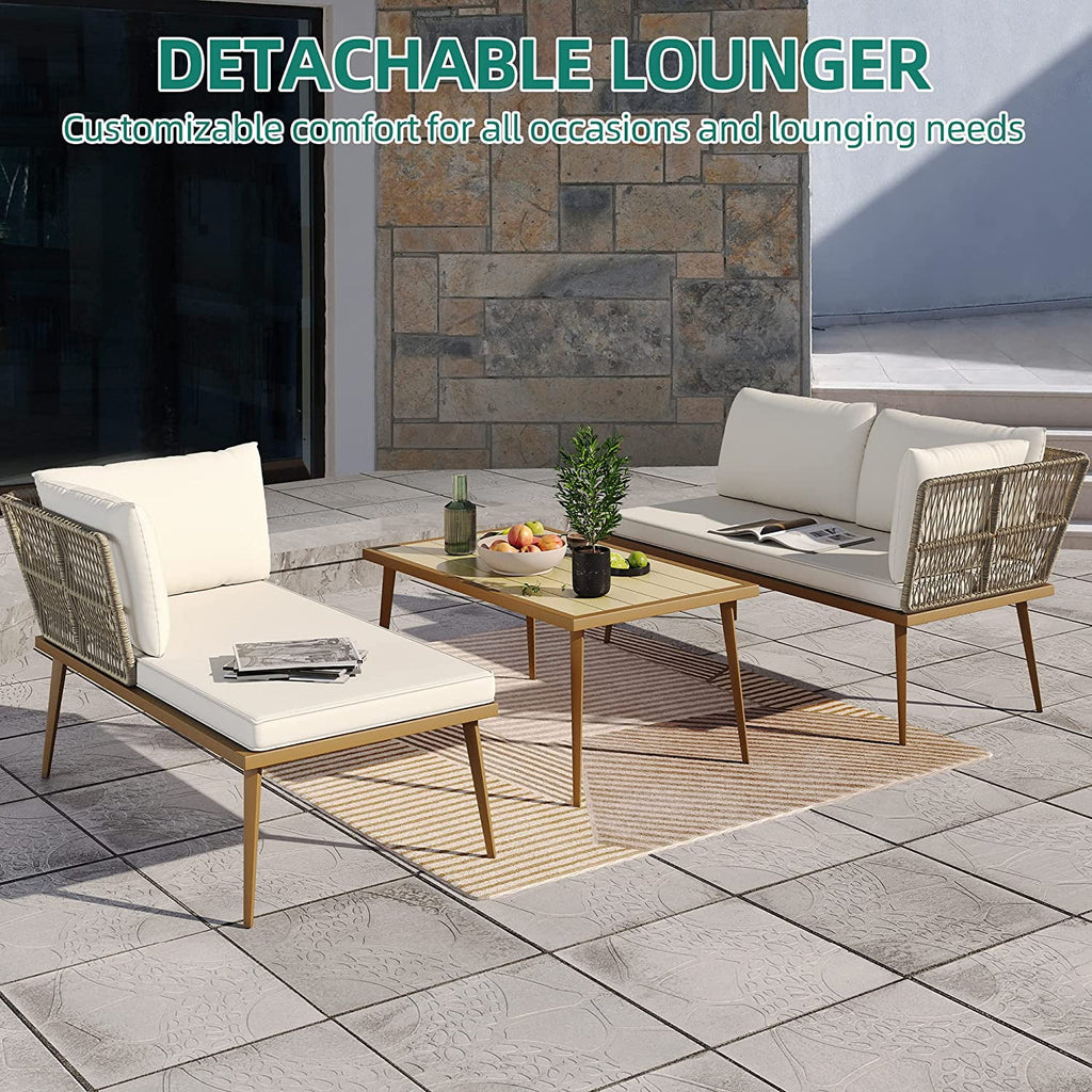 3 Pieces Rattan Woven L-Shaped Sofa with Cushions and Side Table J910
