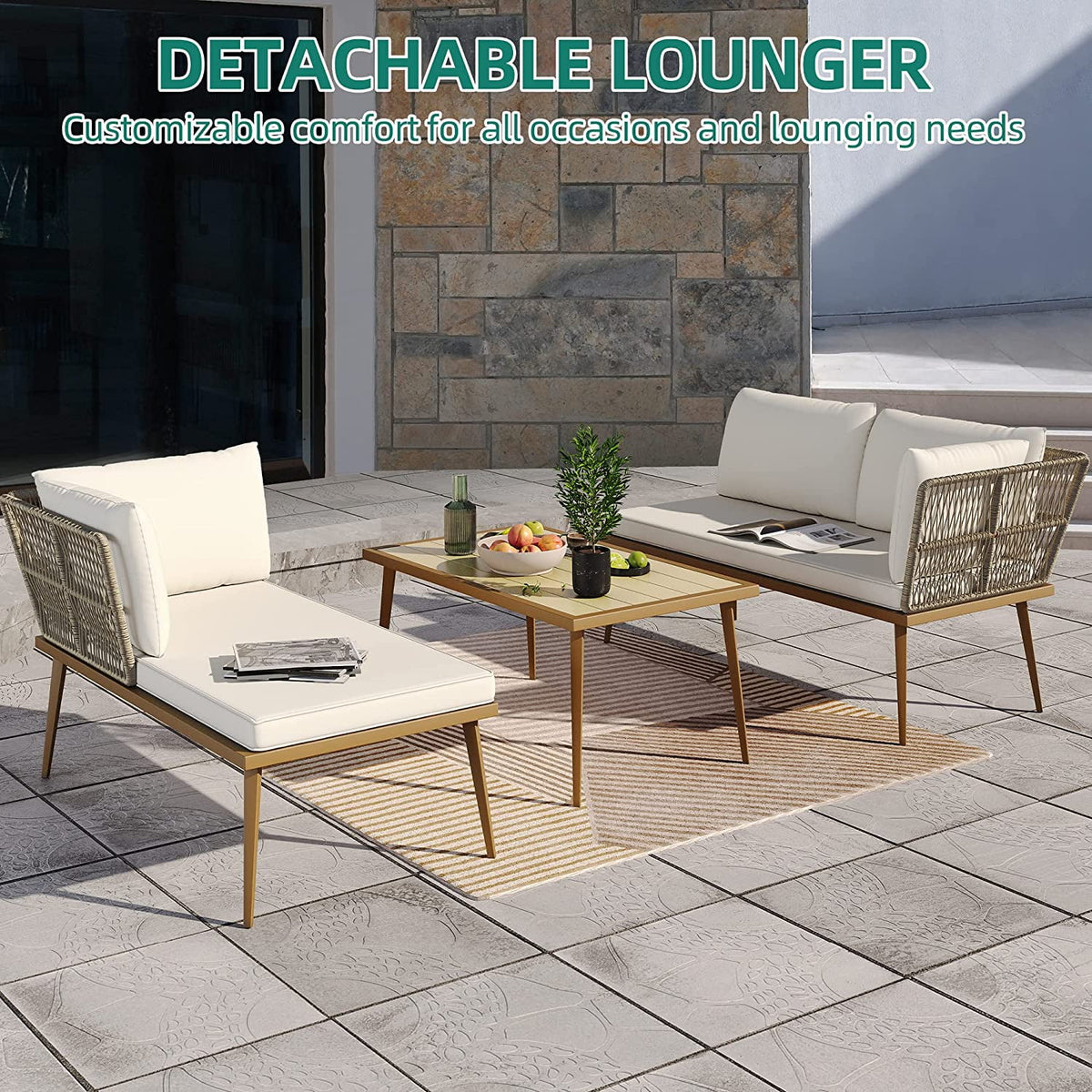 3 Pieces Rattan Woven L-Shaped Sofa with Cushions and Side Table J910