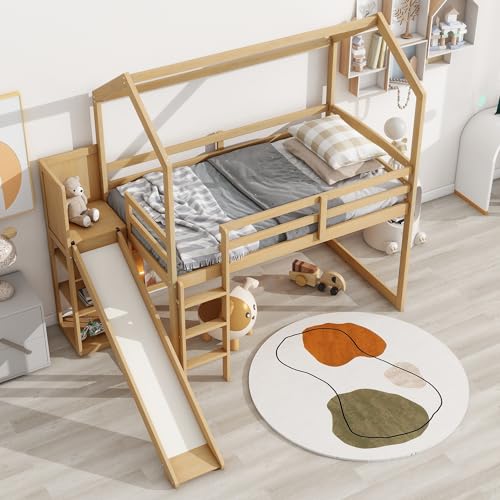 Twin Wood Loft Bed with Slide and Storage Shelves K311663