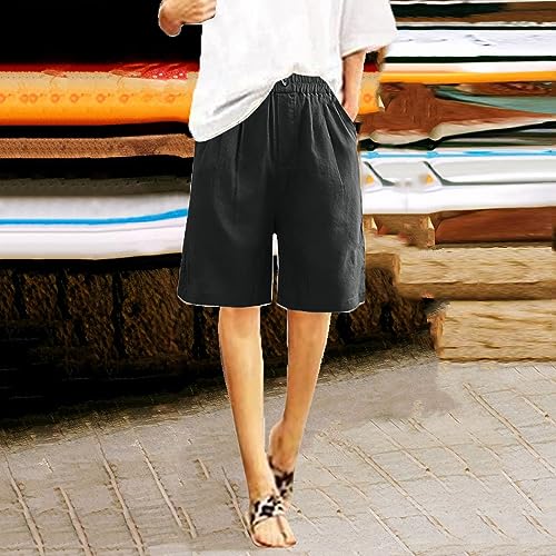 Women's Cotton Linen High Waisted Wide Leg Elastic Drawstring Shorts with Pockets T3249