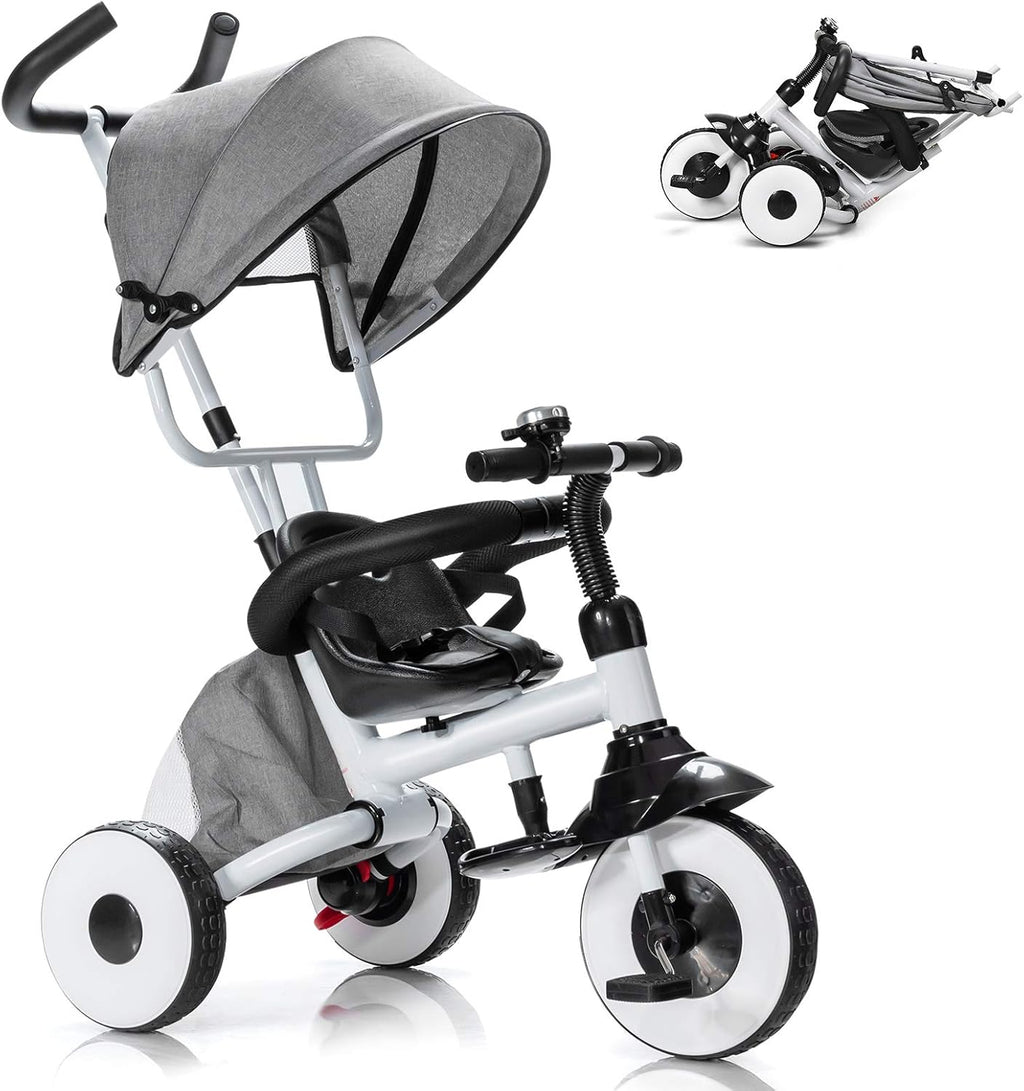 Folding Tricycle with Adjustable Parent Handle, Canopy, Storage Bag, Safety Harness & Wheel Brakes H949835