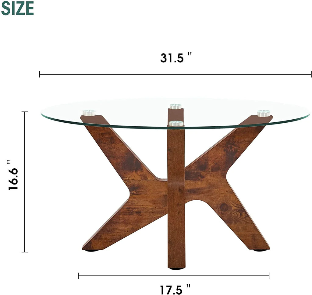 Round Glass Coffee Table with Wood Frame and Tempered Glass Top A510