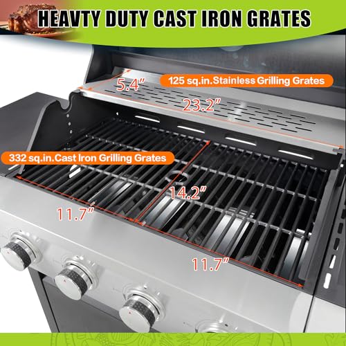 4 Burner Gas Grill with Side Burner, Stainless Steel Propane BBQ Grill with Built in Thermometer H711