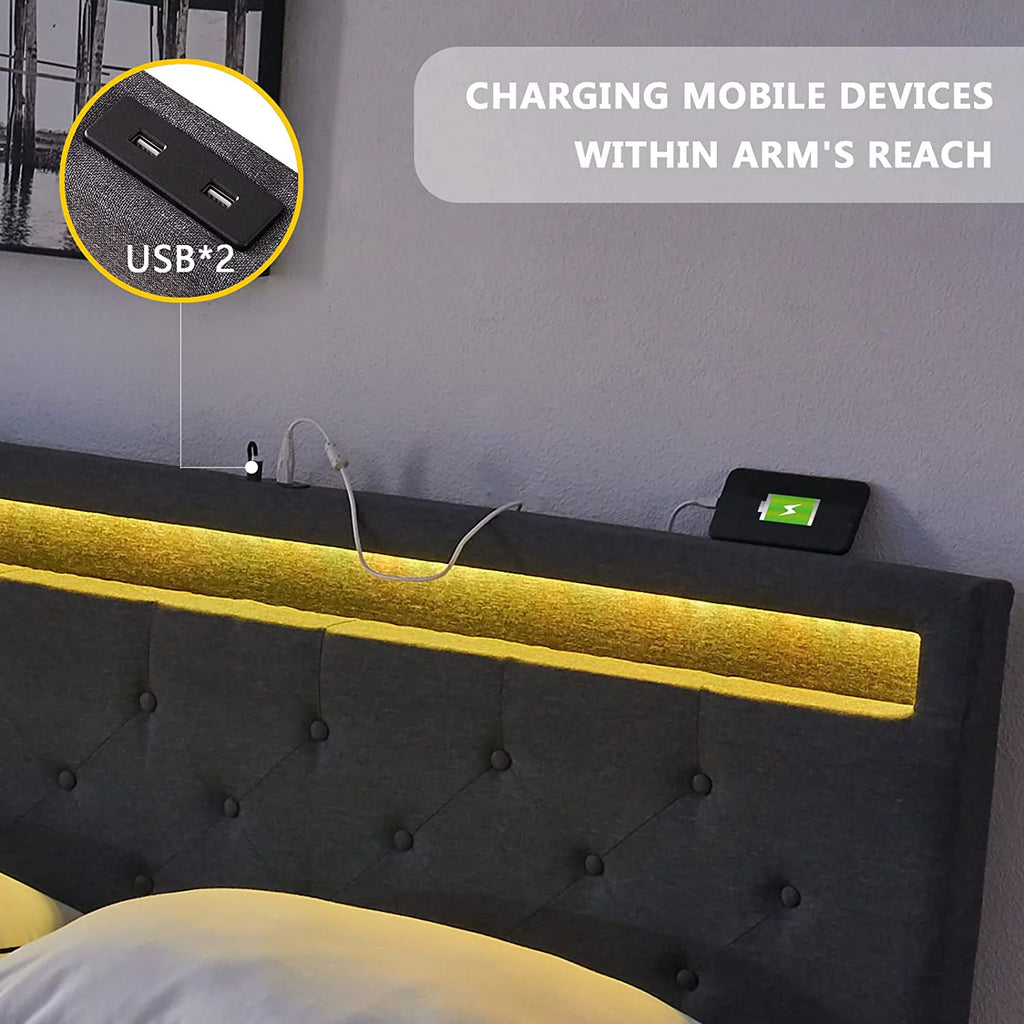 Full Size Bed Frame with 4 Drawers, LED, USB Ports, Adjustable Upholstered Headboard, Dark Grey F37973