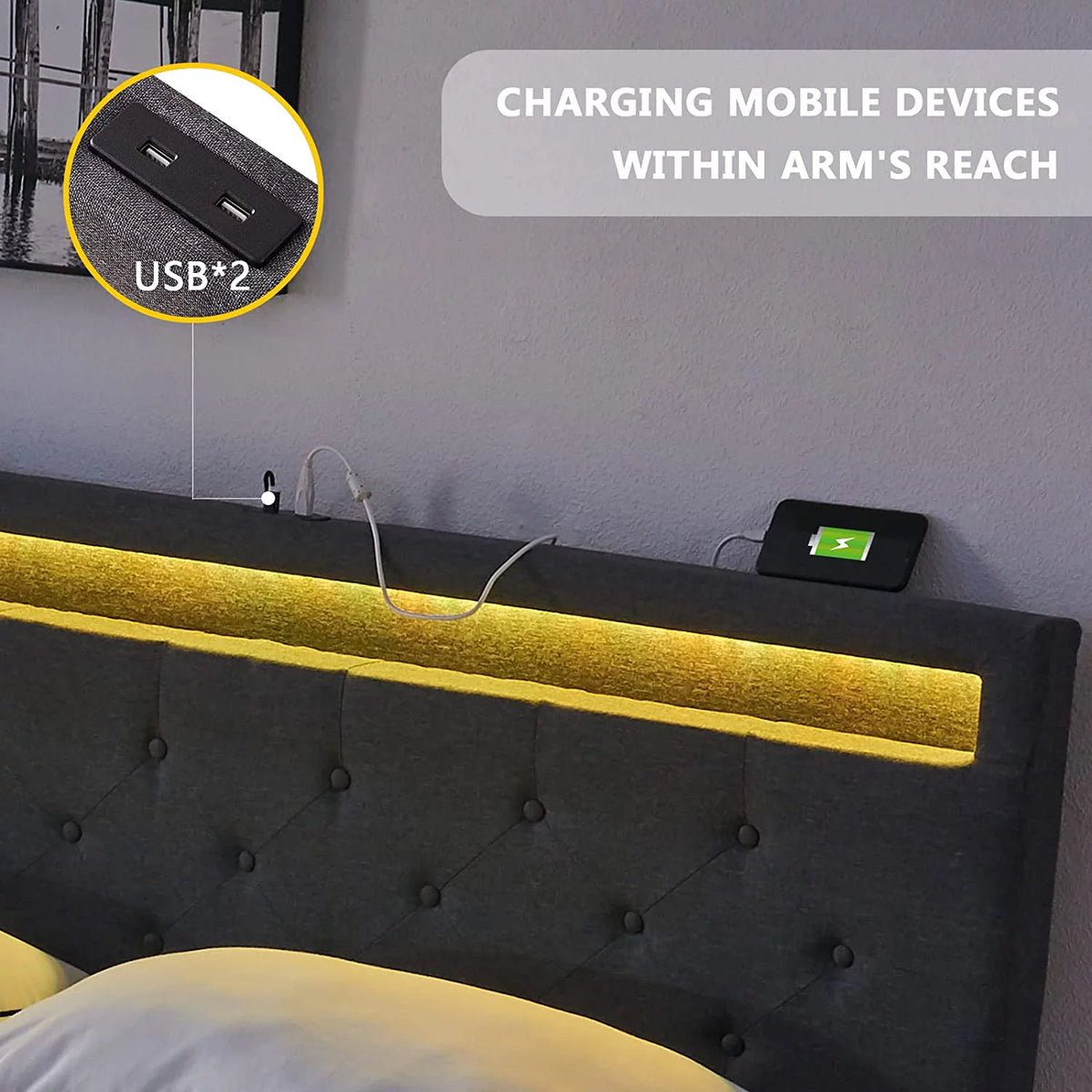 Full Size Bed Frame with 4 Drawers, LED, USB Ports, Adjustable Upholstered Headboard, Dark Grey F37973