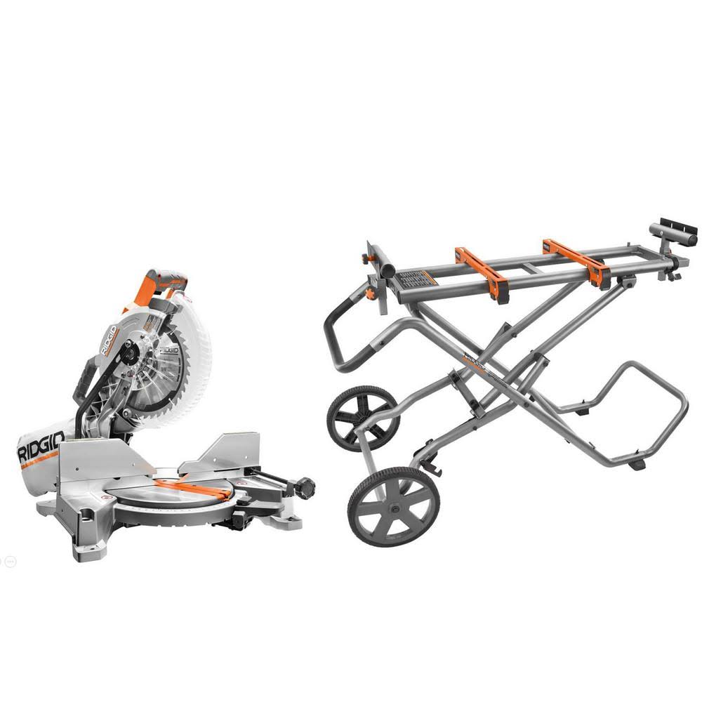 15 Amp 10 in. Dual Miter Saw with LED Cut Line Indicator with Universal Mobile Miter Saw Stand with Mounting Braces G197