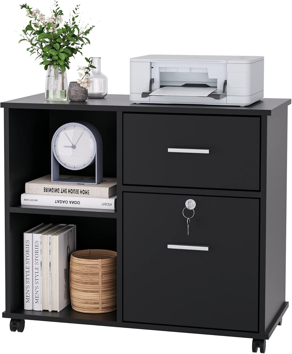 Black Wood Lateral File Cabinet with Lock E541