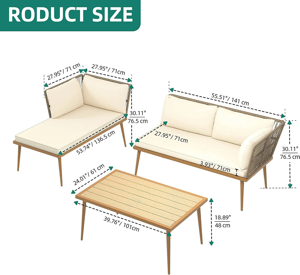 3 Pieces Rattan Woven L-Shaped Sofa with Cushions and Side Table J910