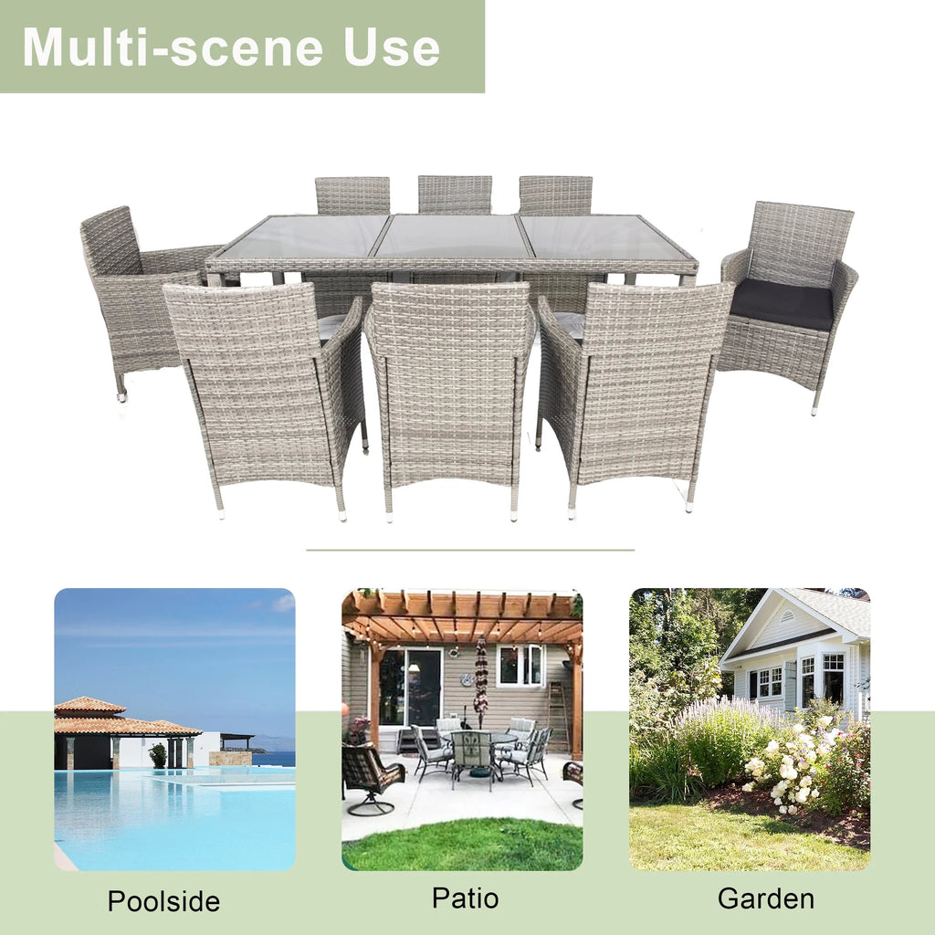 9 Pieces Wicker Outdoor Dining Set with Glass Tabletop and Cushioned Chairs G346