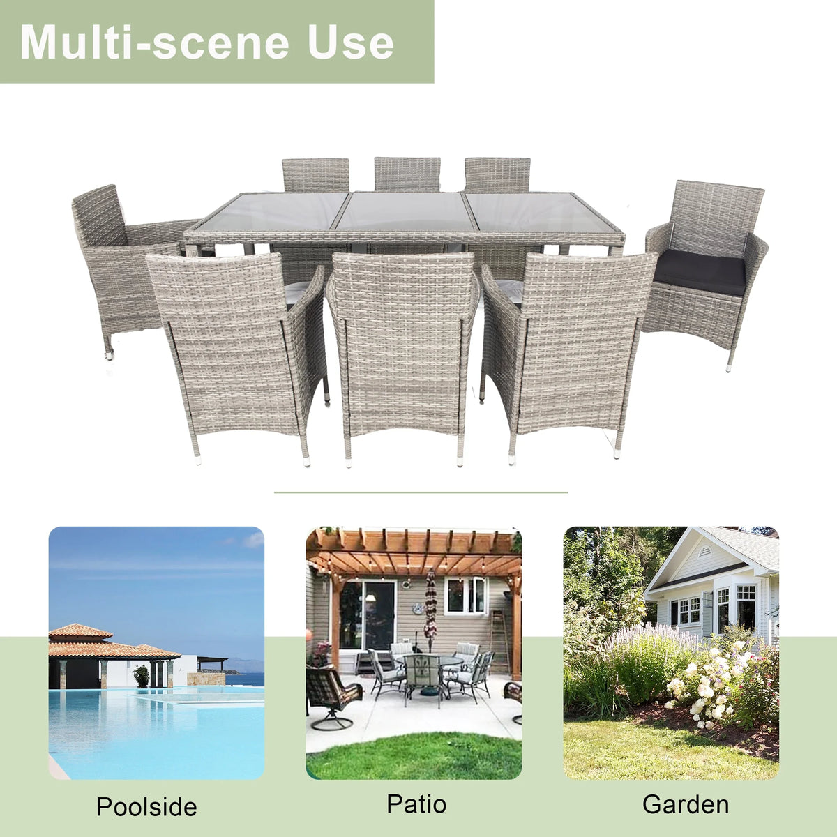 9 Pieces Wicker Outdoor Dining Set with Glass Tabletop and Cushioned Chairs G346
