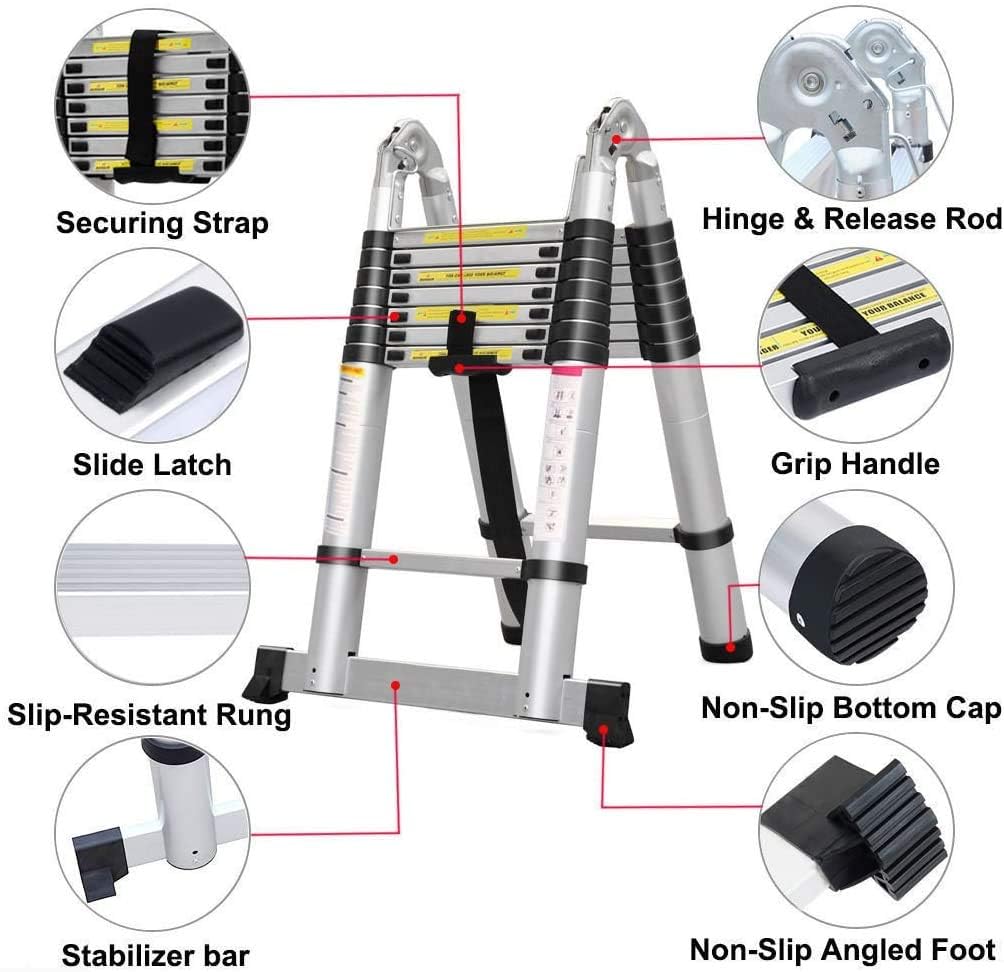 16.5FT/5M Telescopic Aluminum Extension Ladder with Slip-Proof Feet A4942