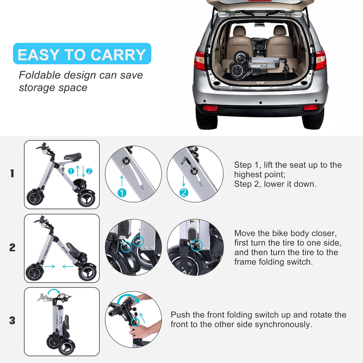 Electric Scooter Mini Tricycle Foldable 3 Wheel Mobility Scooter with Reverse Function V2533