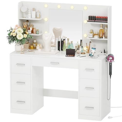 White Vanity Desk with LED Lighted Mirror and 7 Drawers C15420