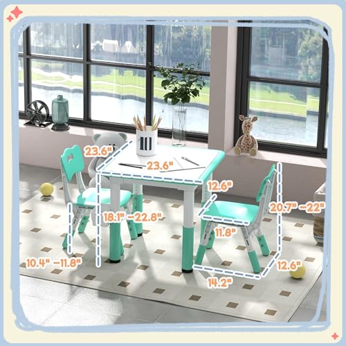 3 Pieces Height Adjustable Kids Table and Chair Set with Storage Green Z74601