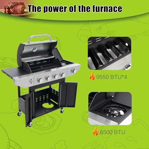 4 Burner Gas Grill with Side Burner, Stainless Steel Propane BBQ Grill with Built in Thermometer H711