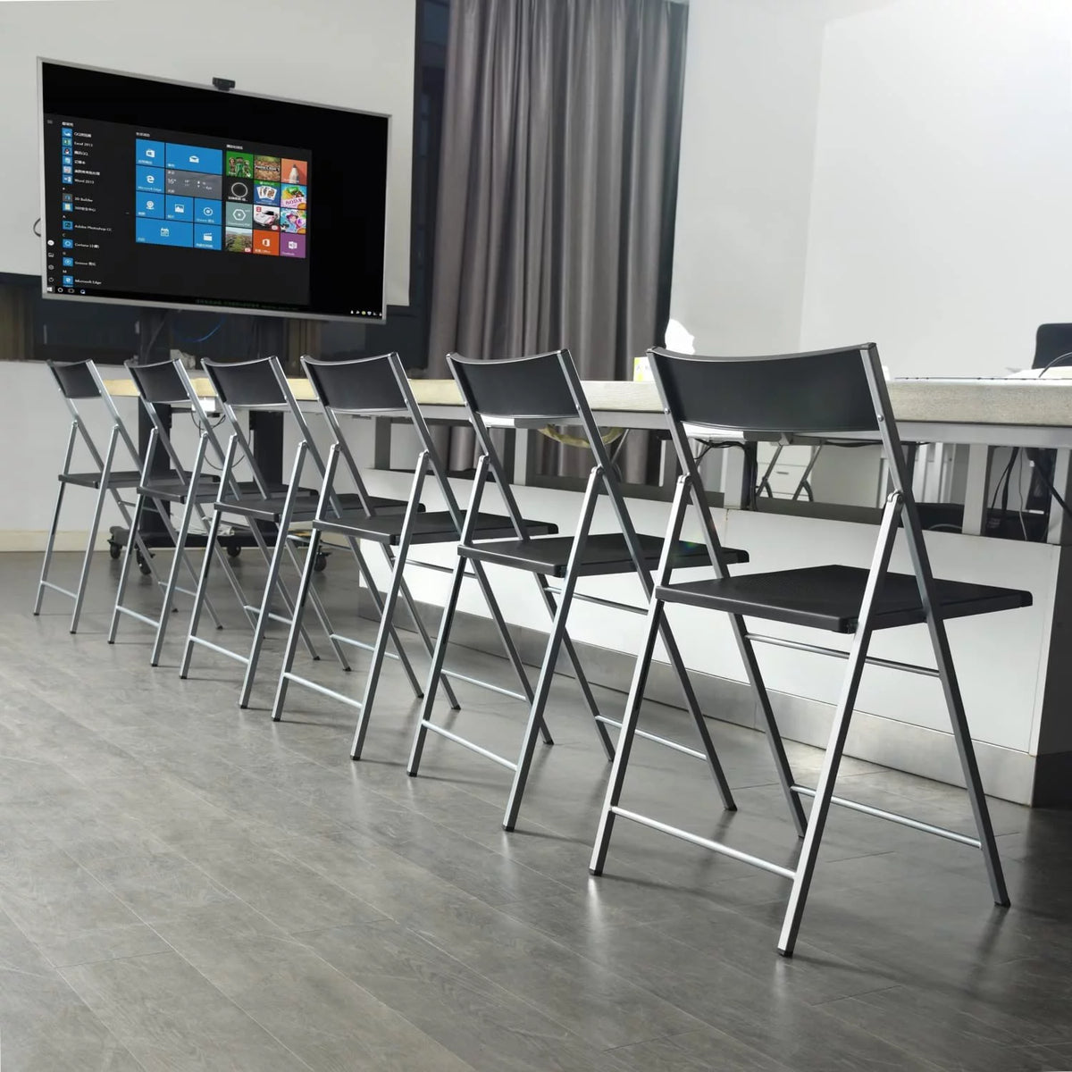 Black Set Of 6 Folding Chair Plastic Seat Steel Frame W4749