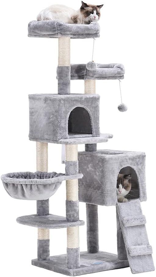 58'' Multi-Level Cat Tree Condo Furniture with Sisal-Covered Scratching Posts, 2 Plush Condos, Hammock (Light Gray) P8732