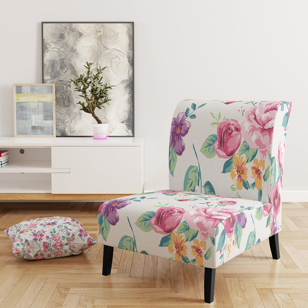 Vintage White And Pink Floral Pattern Upholstered Accent Chair T41362