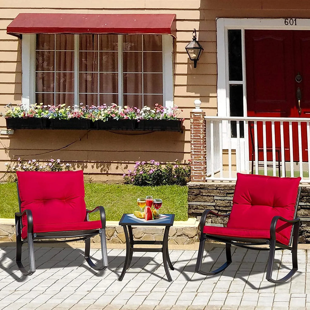 3 Pieces Bistro Set Rocking Chairs Cushion Glass Top Table Blue H409066