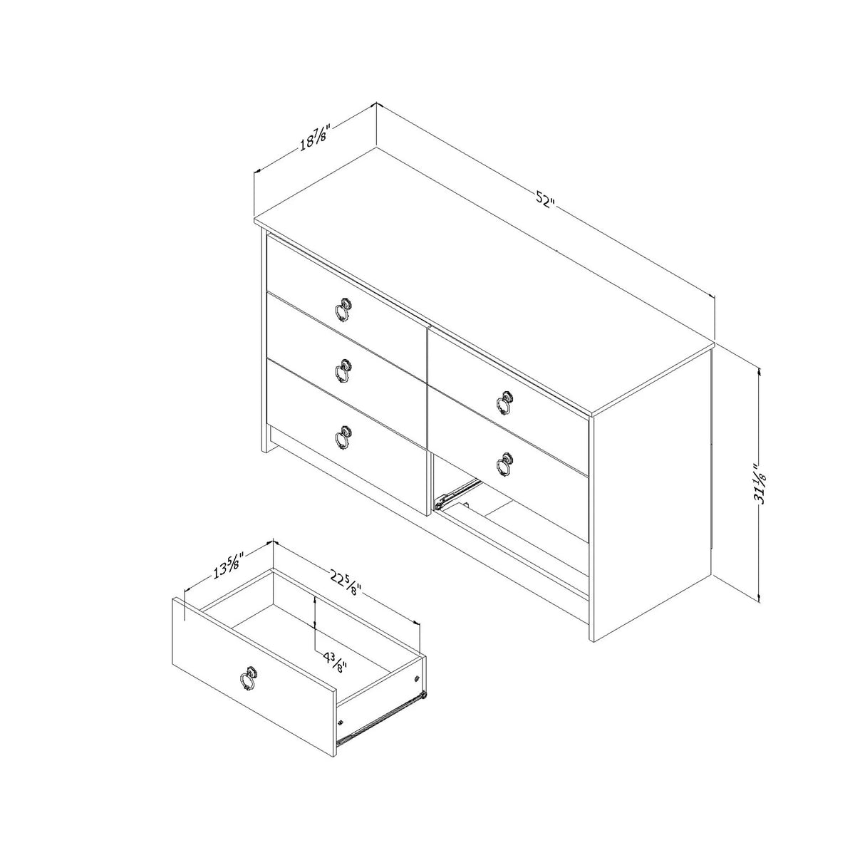 White and Weathered Oak 6 Drawer Double Dresser T1437