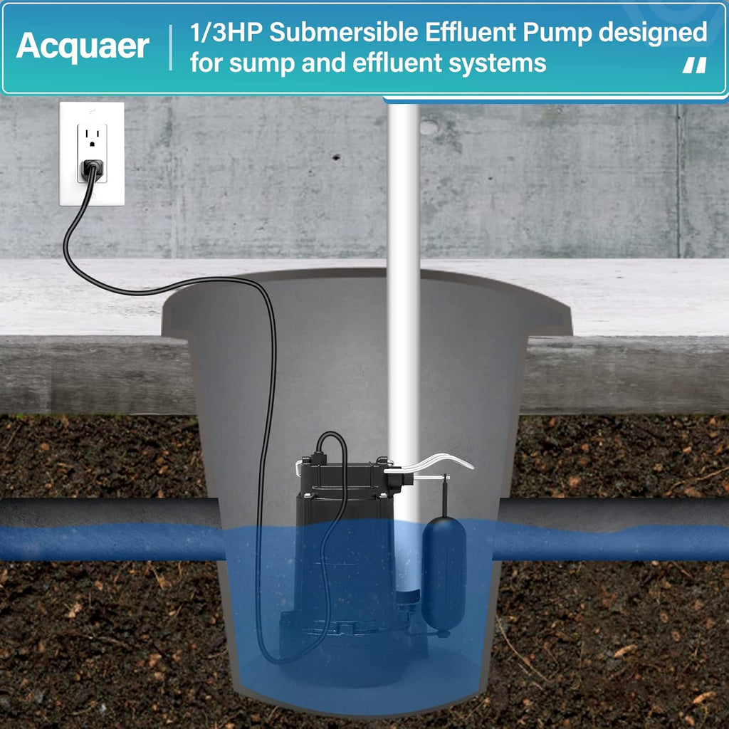 Submersible Sewage Pump 1/3HP Cast Iron 3680 GPH Automatic Vertical Float Switch Effluent Pump T80770