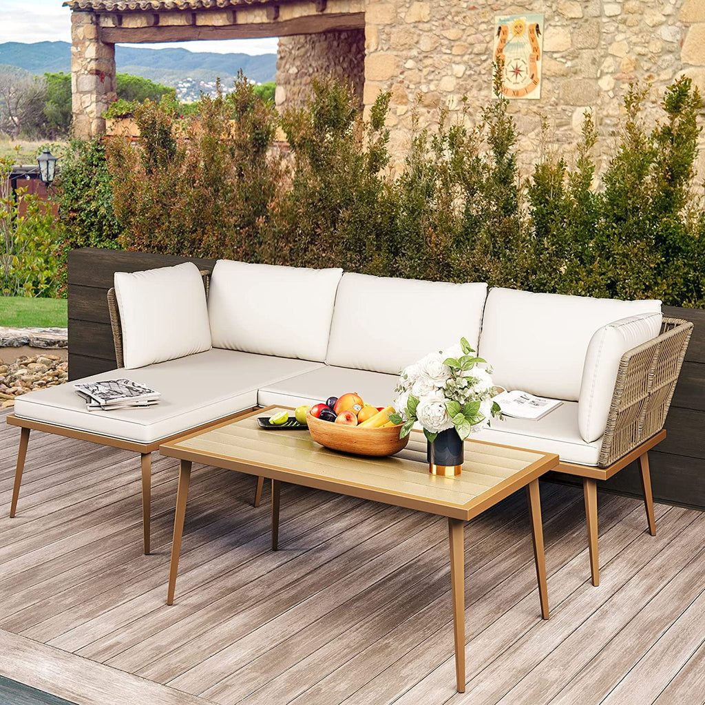 3 Pieces Rattan Woven L-Shaped Sofa with Cushions and Side Table J910