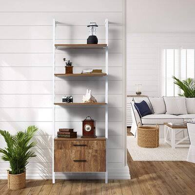 3-Tier Wall-Mounted Bookcase with 2 Wood Drawers Light Wood/White G219
