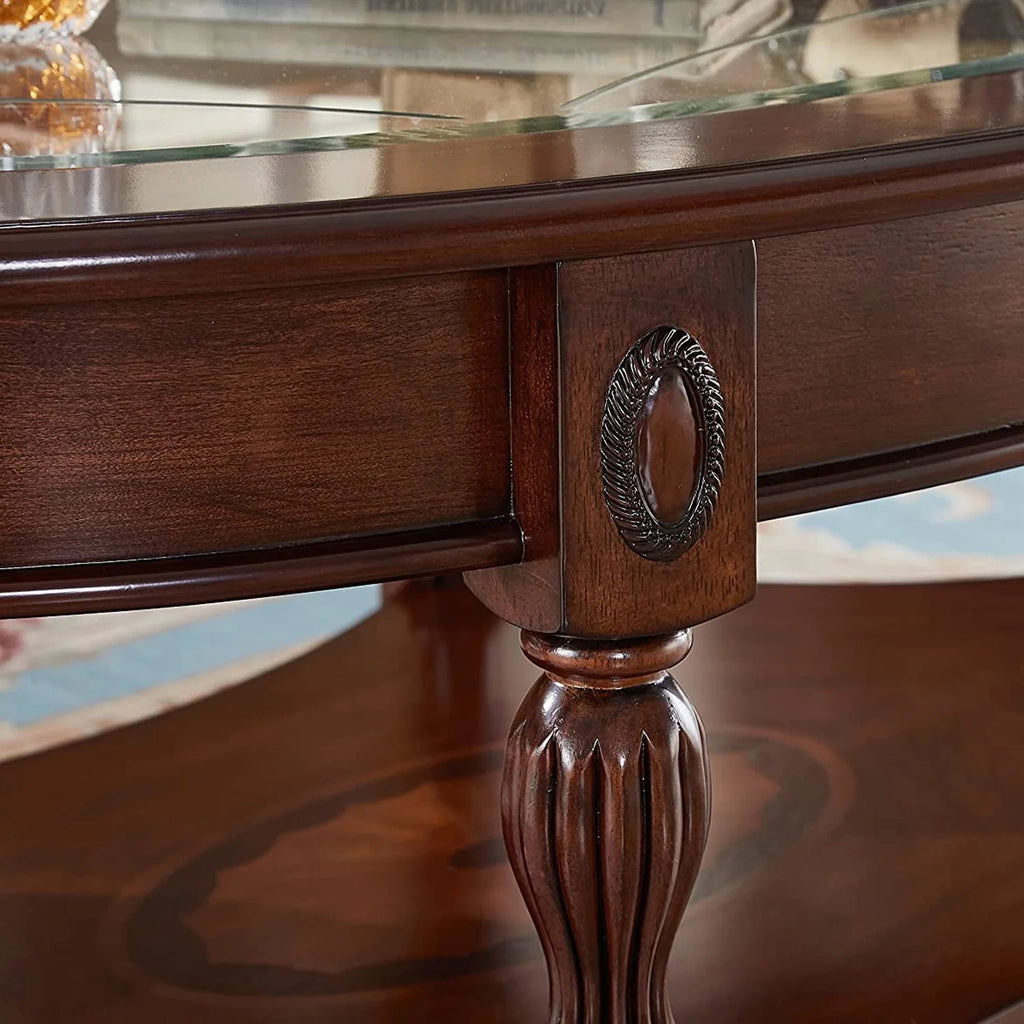 Oval Glass 2-Tier Solid Wood Coffee Table with Storage Shelf F443
