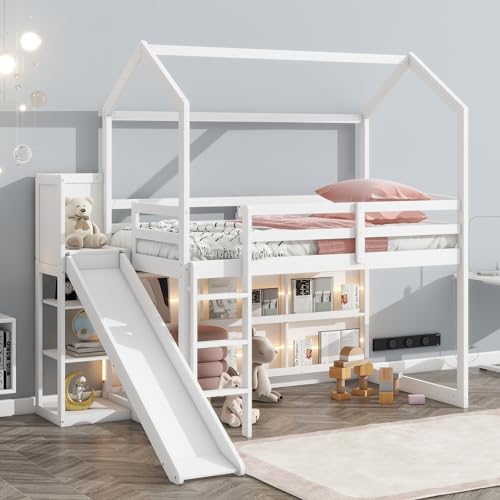 Twin Wood Loft Bed with Slide and Storage Shelves K311663