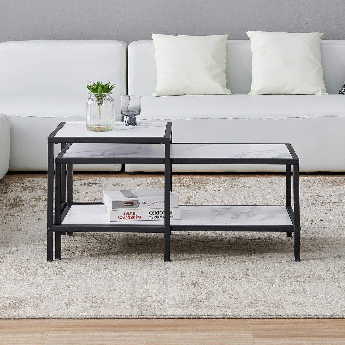 Square & Rectangle Nesting Coffee Table Black Metal Frame Wood Marble Top H34029