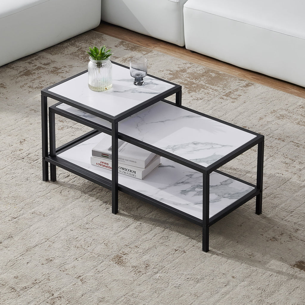 Square & Rectangle Nesting Coffee Table Black Metal Frame Wood Marble Top H34029
