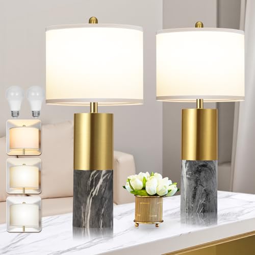 22" Faux Marble Table Lamps Set of 2 with Fabric Shades V8612