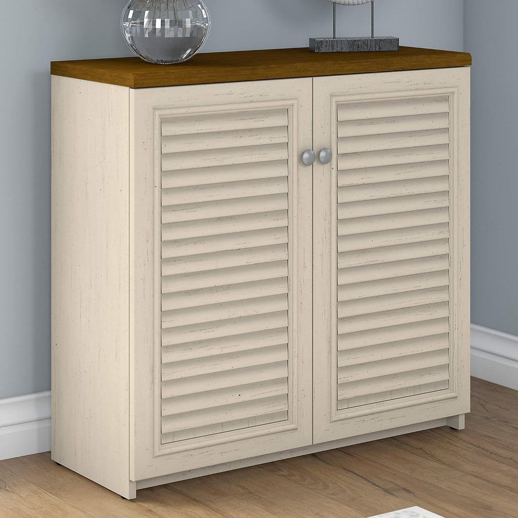 Antique White and Tea Maple Small Storage Cabinet with Doors V2550