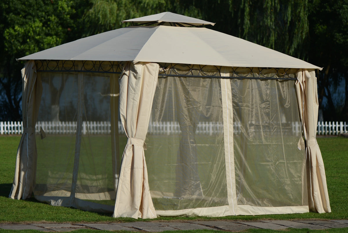 Beige Double Tiered Grill Canopy BBQ Gazebo Tent M630958
