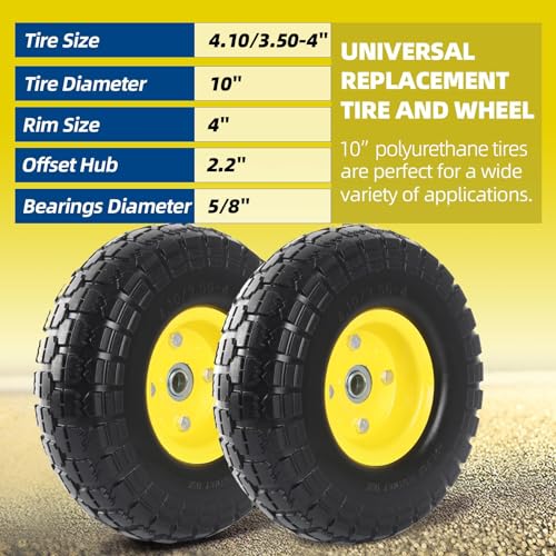 2-Pack 10-Inch Solid Rubber Flat Free Tire Wheels with 5/8" Bearings I423494